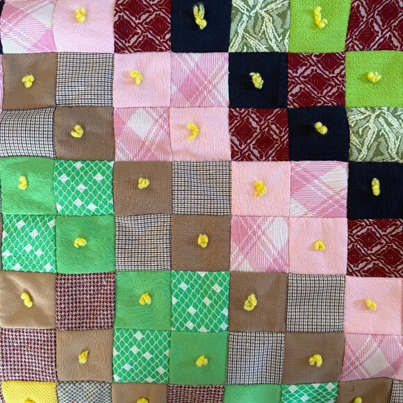 Homemade Patchwork Quilt Throw Blanket Multicolor Poly Cotton Yellow Ties VTG - Picture 5 of 6
